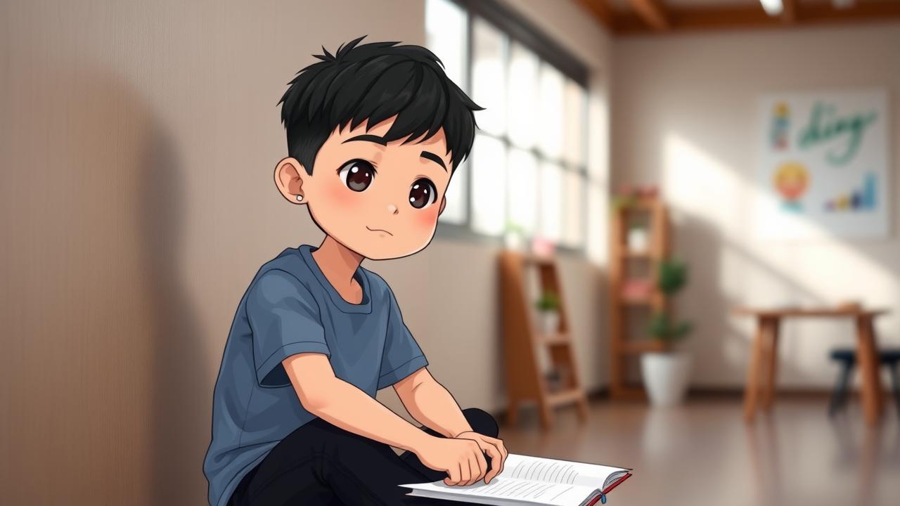 Noben thẫn thờ ngồi một mình, lẩm bẩm về sự chậm chạp trong học tập.