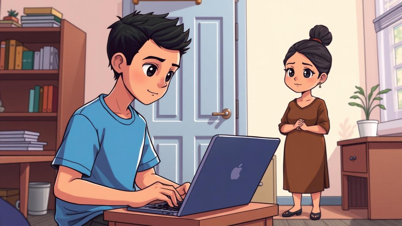 Noben's Mother bước vào phòng khi Noben đang làm việc miệt mài.