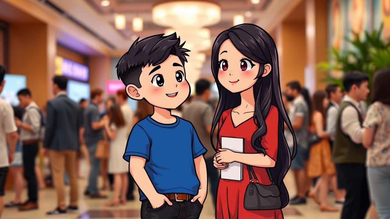 Noben đứng trò chuyện với Hương trong sự kiện từ thiện, ánh mắt ngưỡng mộ đầy tán thưởng.