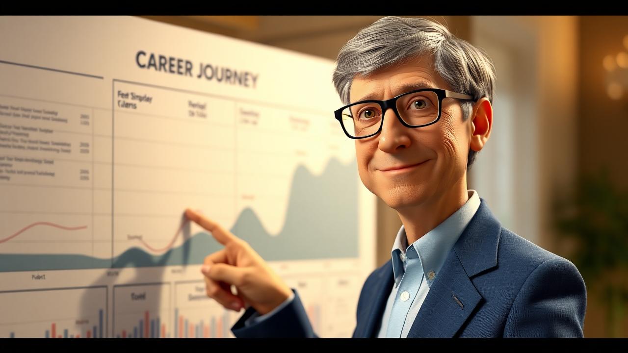 Bill Gates đứng bên cạnh một bảng biểu, chỉ vào hành trình sự nghiệp của mình với niềm tự hào.