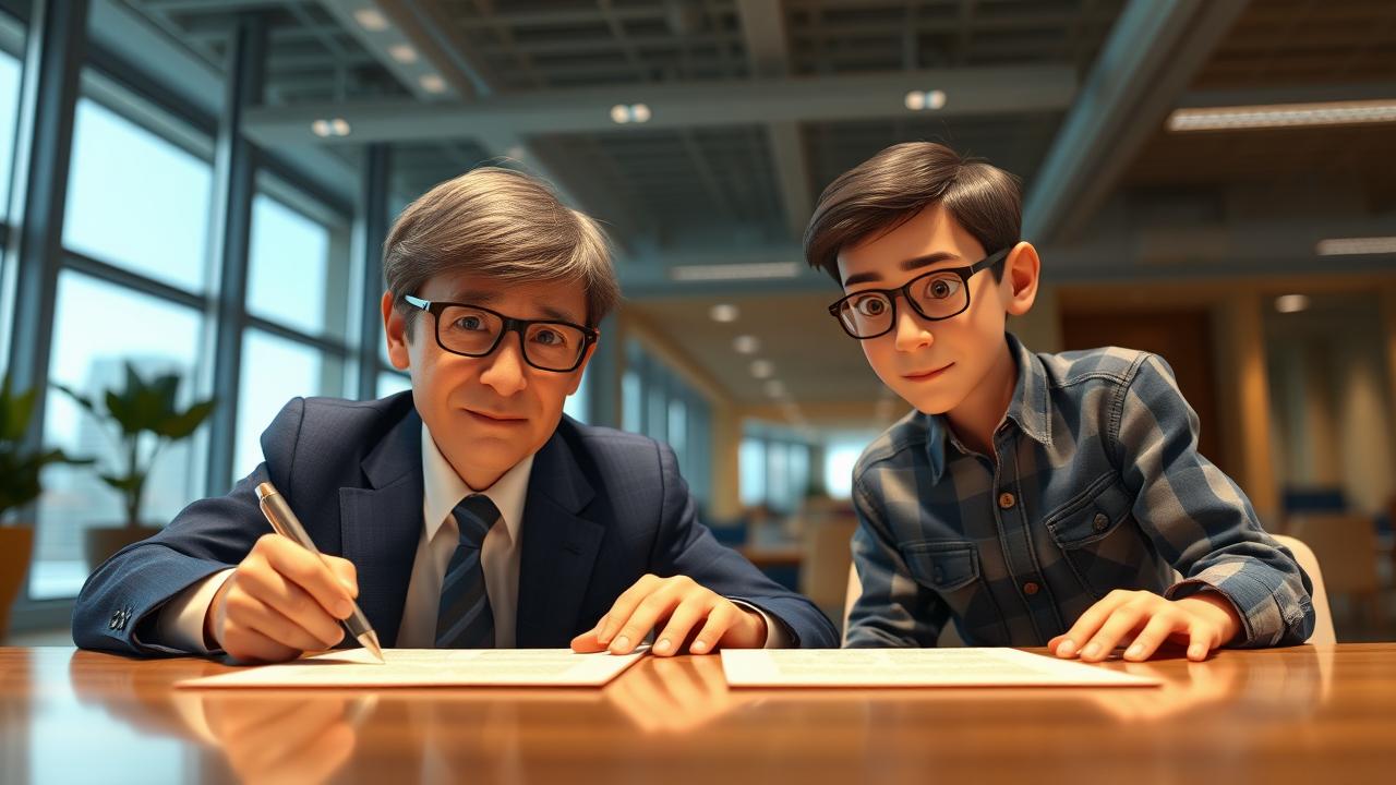 Bill Gates và Paul Allen ký tài liệu thành lập Microsoft, khuôn mặt đầy quyết tâm.