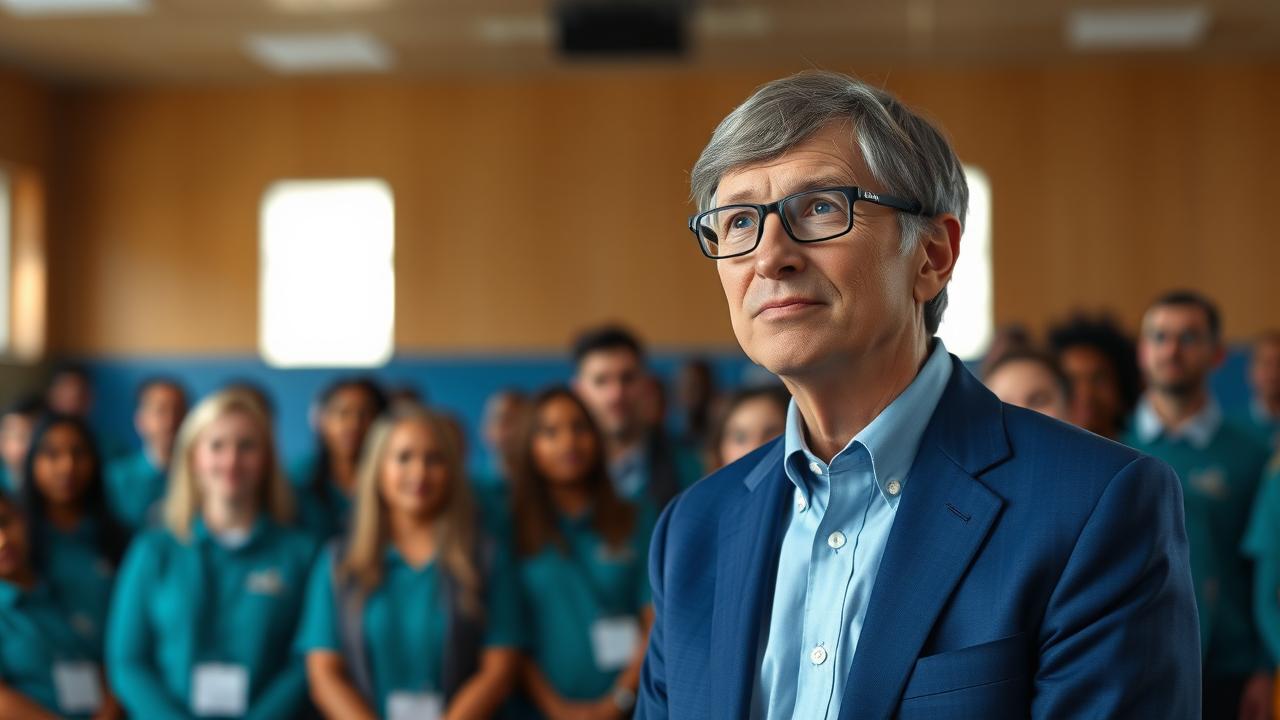 Bill Gates đứng trước nhóm tình nguyện viên, truyền cảm hứng về việc thay đổi cuộc sống của người khác.