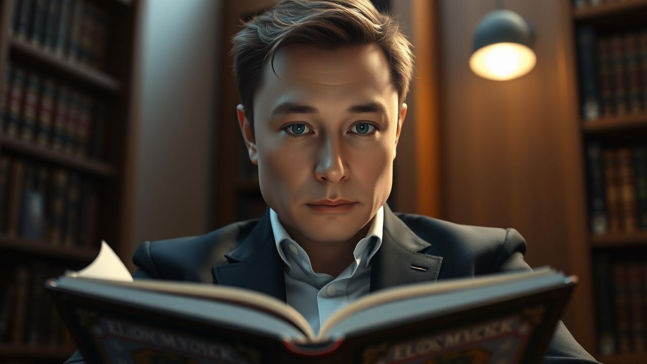 Elon Musk đọc sách trong một góc yên tĩnh, ánh mắt tràn đầy quyết tâm.