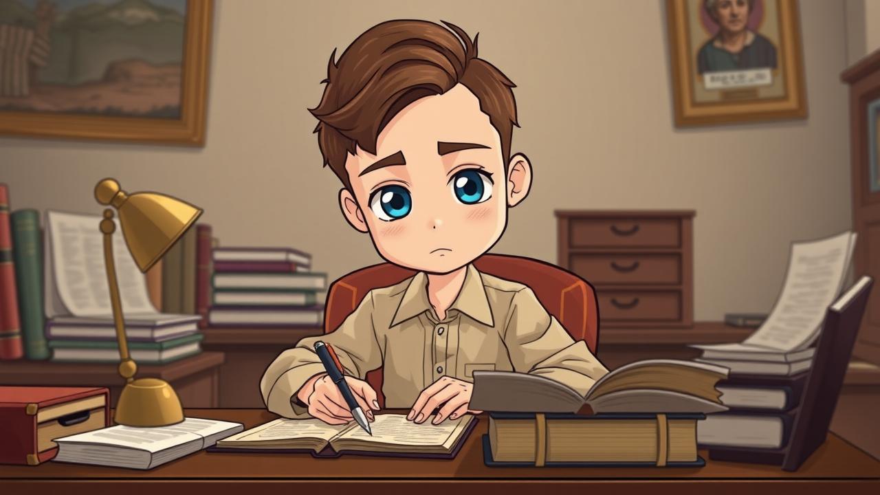 Macaulay ngồi tại bàn làm việc, viết sử mà không cần nhìn tài liệu.