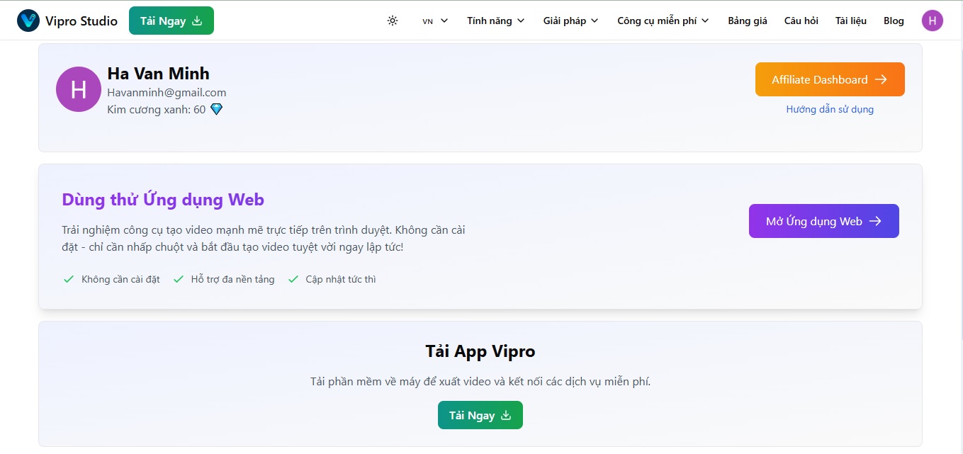 Giao diện sau khi đăng nhập phần mềm Vipro.studio